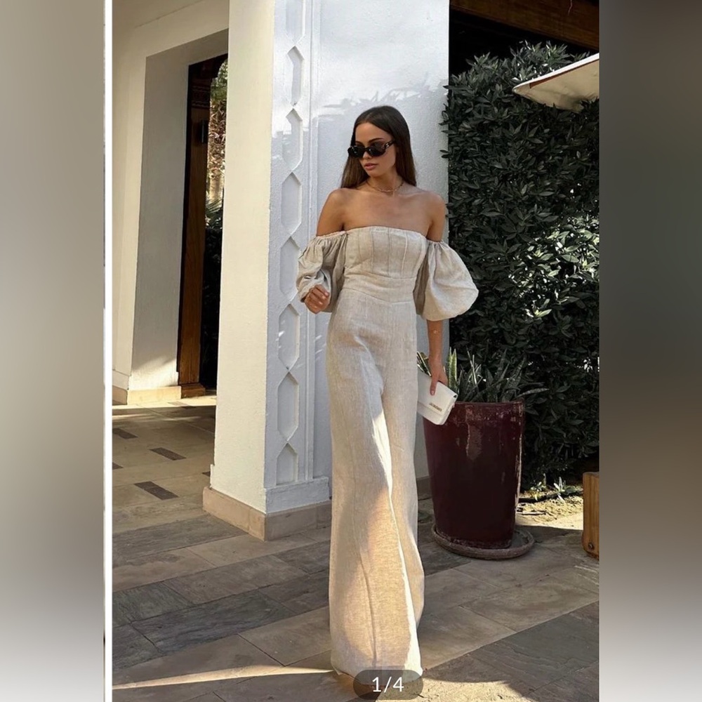 NWT Commense Linen blend puff sleeve khaki Off-Shoulder Jumpsuit XS